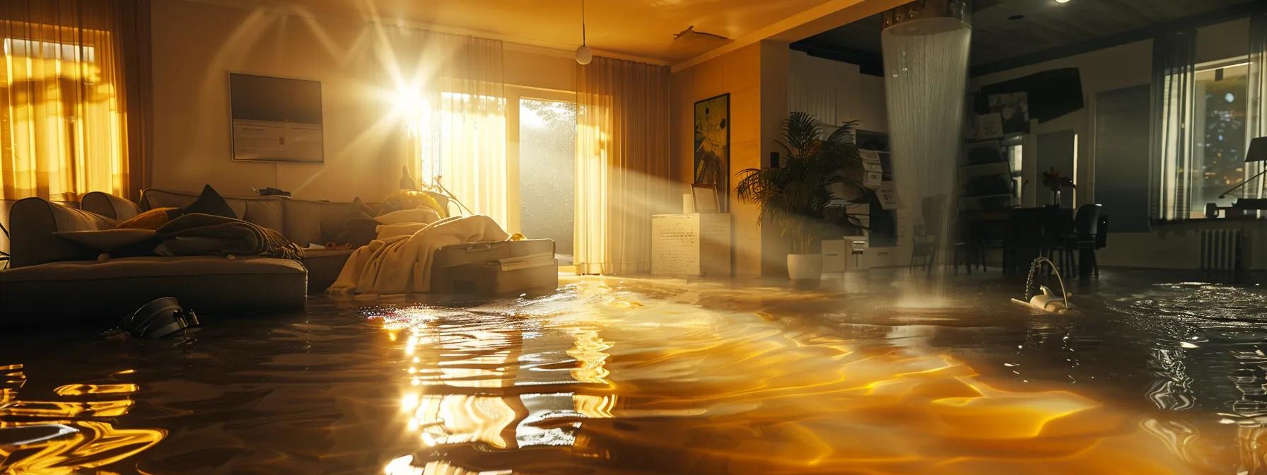 a professional water damage restoration technician operates advanced drying equipment inside a modern flooded home, with visible water damage on floors and walls, illuminated by soft natural light streaming through a nearby window, creating an atmosphere of hope and efficiency.