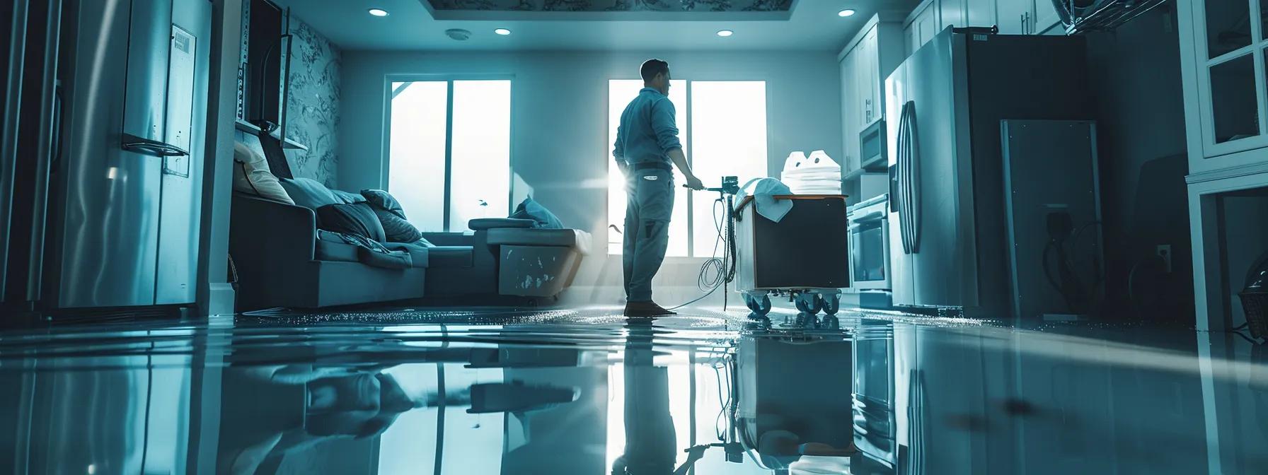 a professional water damage restoration technician stands confidently amidst visible water-damaged floors and walls, operating advanced industrial drying equipment in a modern home, bathed in soft natural light streaming through a nearby window.