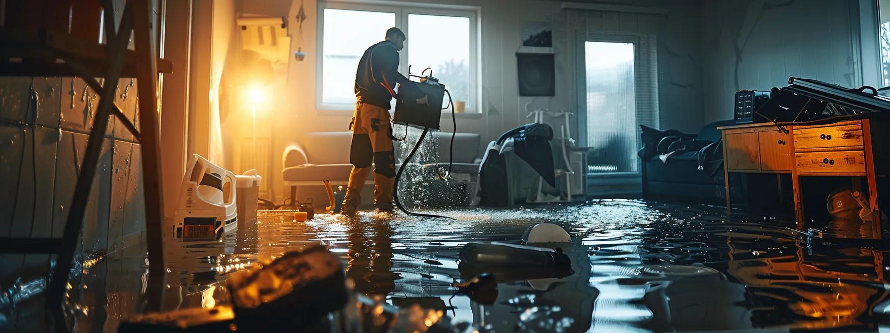 a professional water damage restoration technician operates industrial drying equipment in a modern, flooded home, showcasing clear signs of water damage on walls and floors, all captured in a soft, reassuring atmosphere with ambient light streaming through a nearby window.