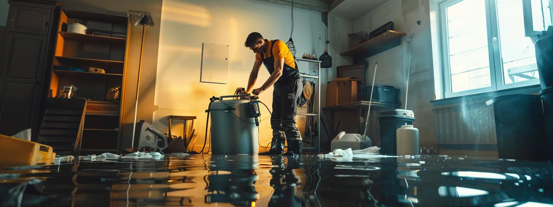 a professional water damage restoration technician operates industrial drying equipment in a modern, flooded home, highlighting the visible water damage on walls and floors, bathed in soft natural light from a nearby window, creating a reassuring atmosphere of thorough restoration efforts.