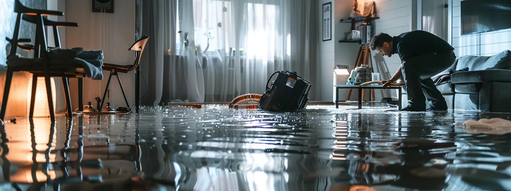 a professional water damage restoration technician is diligently operating industrial drying equipment in a modern condominium’s flooded interior, showcasing visible signs of water damage on walls and floors, illuminated by soft, ambient light streaming through a nearby window.