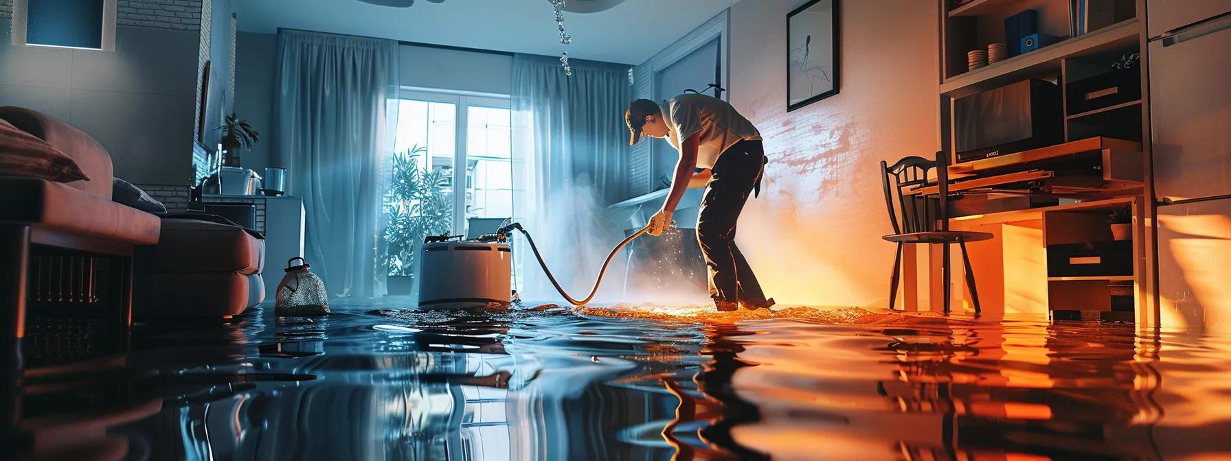 a professional water damage restoration technician operates industrial drying equipment in a modern townhome, surrounded by visible signs of water damage on the walls and floors, illuminated by soft, ambient light from a nearby window.