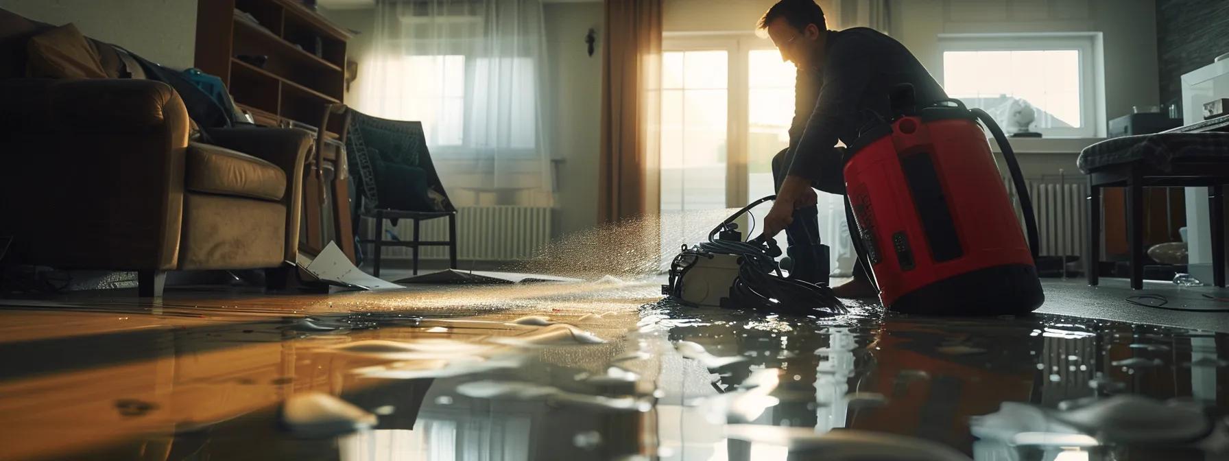 a professional water damage restoration technician operates industrial drying equipment in a modern home with visibly damaged floors and walls, illuminated by soft natural light from a nearby window, conveying a reassuring and efficient atmosphere.