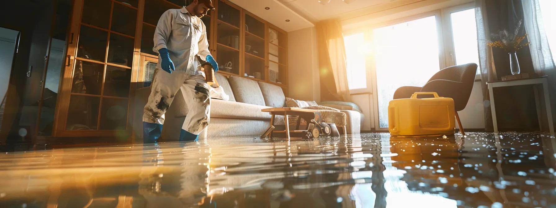 a professional water damage restoration technician is actively using industrial drying equipment in a modern, flooded home, highlighting visible signs of water damage on walls and floors, all under soft, ambient light for a reassuring atmosphere.