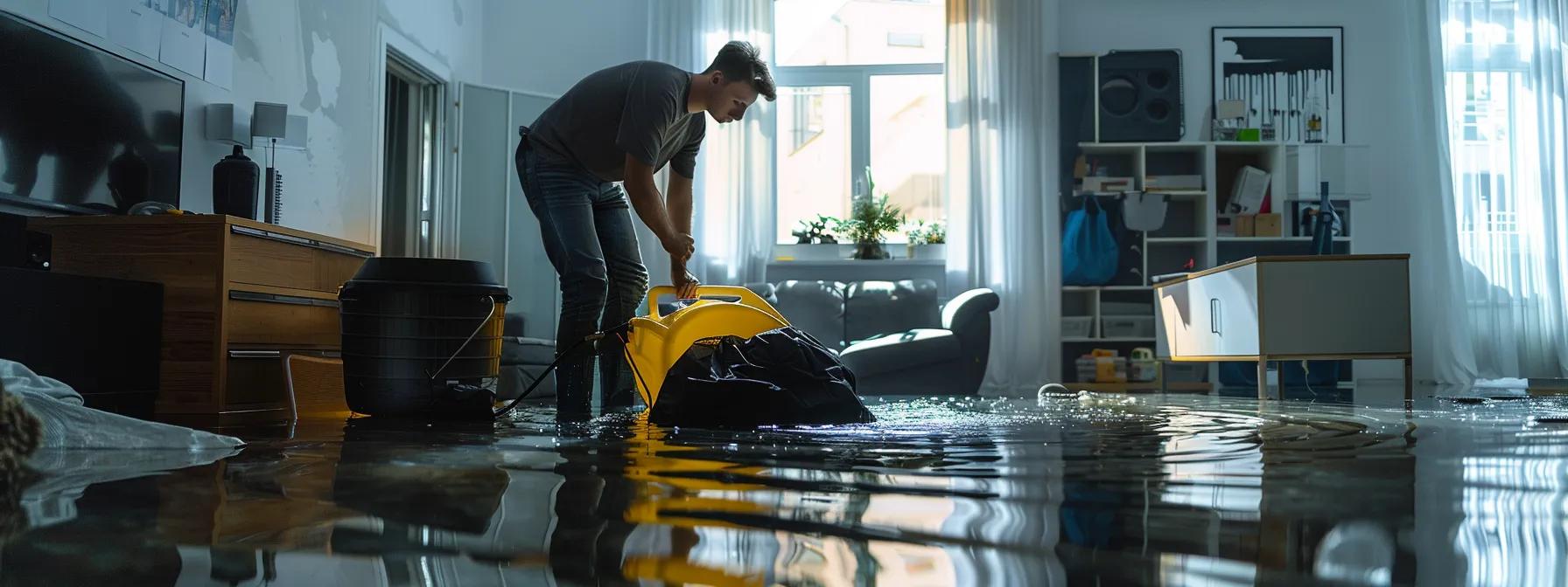 a professional water damage restoration technician operates industrial drying equipment in a modern, flooded home, showcasing visibly damaged walls and floors to highlight the critical need for prompt mold remediation amidst a clean, reassuring atmosphere.