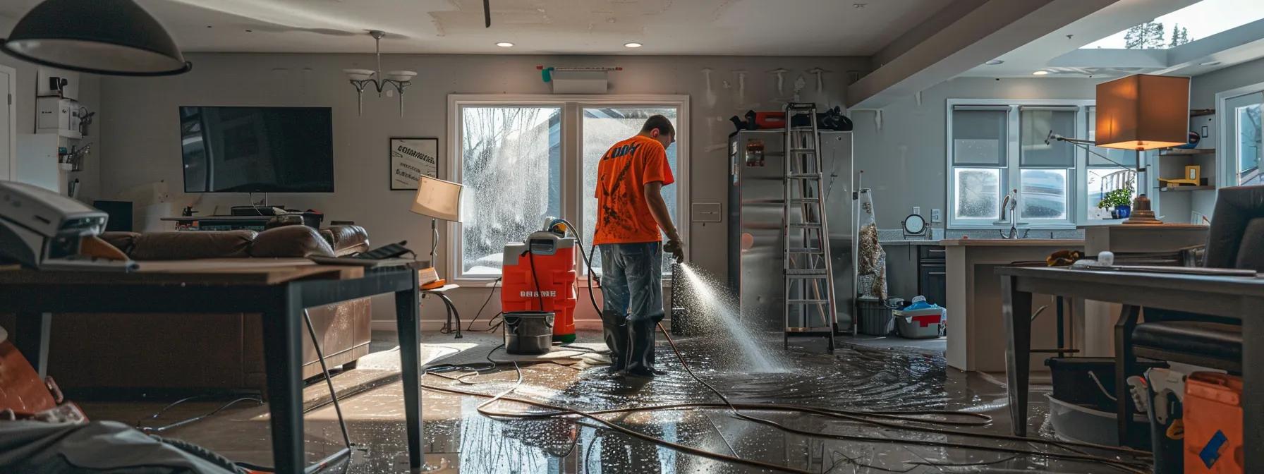 a professional water damage restoration technician operates industrial drying equipment inside a modern home with visible signs of water damage, captured in a high-resolution, clean composition that conveys a reassuring atmosphere.