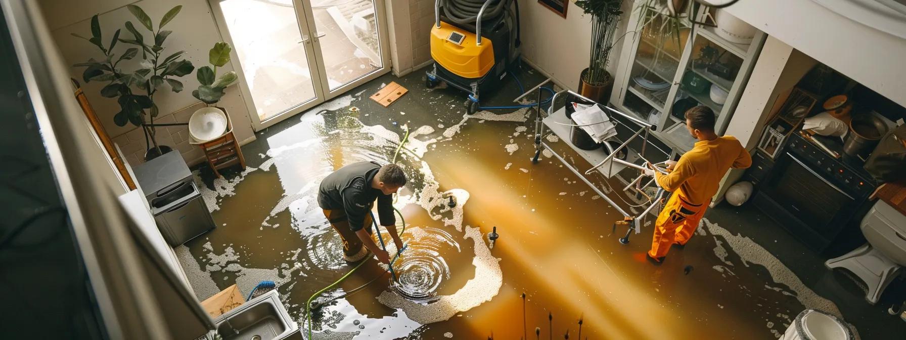 a professional water damage restoration technician operates industrial drying equipment in a modern, flooded home, showcasing clear signs of water damage on the walls and floors under soft, diffused lighting from a nearby window, creating a reassuring atmosphere for a restoration company blog.