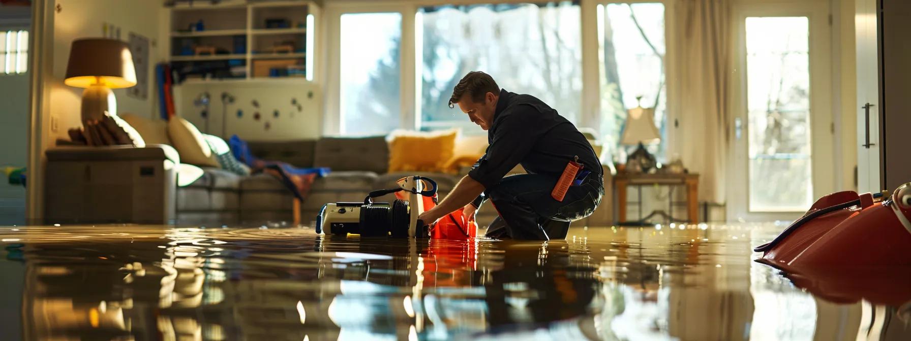 a professional water damage restoration technician operates advanced drying equipment amidst a flooded residential interior, visibly marred by moisture on the walls and flooring, all captured in a clean, high-resolution composition that conveys a reassuring atmosphere.