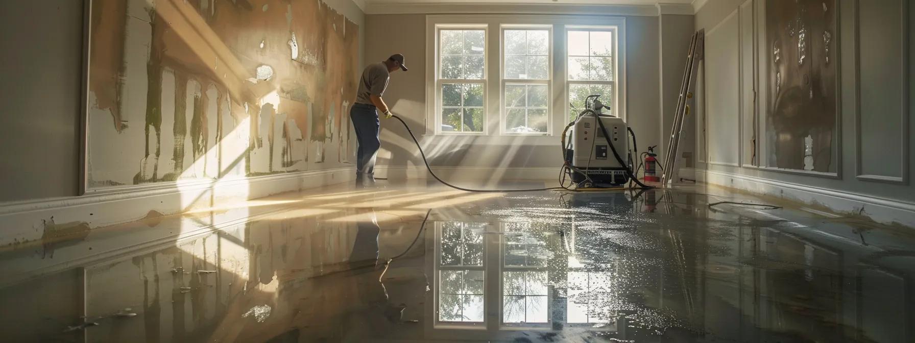 a professional water damage restoration technician operates advanced industrial drying equipment inside a modern, flooded home, showcasing evident water stains on the walls and floors, all bathed in soft, ambient light from a nearby window, creating a reassuring atmosphere.