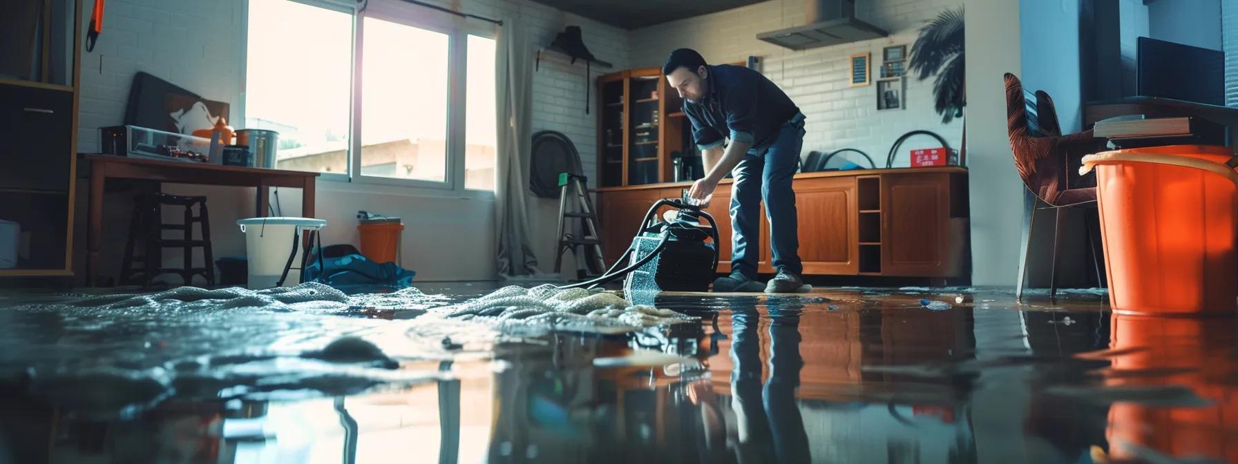 a professional water damage restoration technician operates industrial drying equipment in a modern home, showcasing visible signs of water damage on floors and walls, with soft, ambient light filtering through a window, creating a clean and reassuring atmosphere.