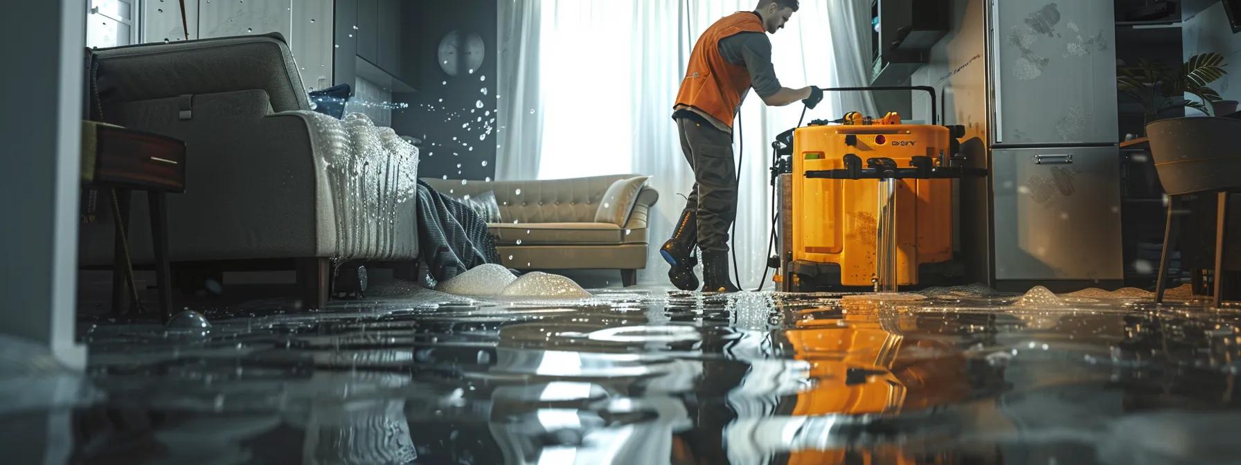 a professional water damage restoration technician operates industrial drying equipment in a modern, flooded home, showcasing visible signs of water damage on the floors and walls, all under soft ambient lighting that creates a reassuring atmosphere.