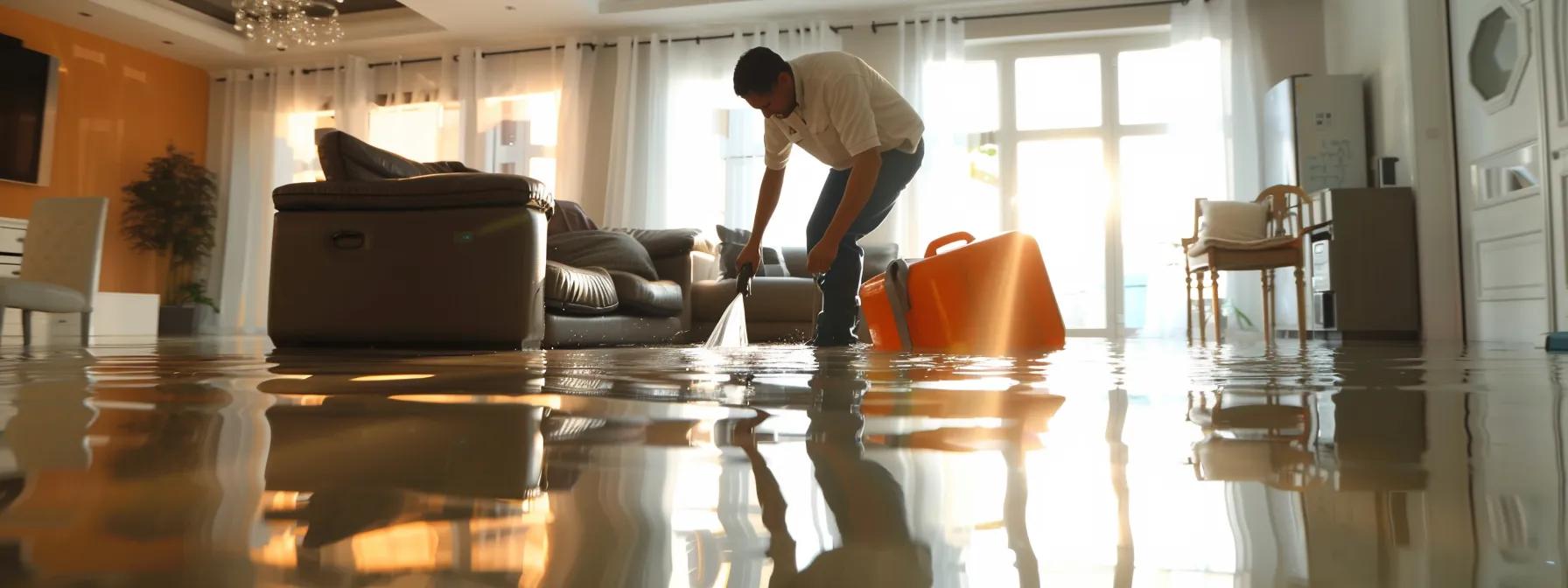 a professional water damage restoration technician meticulously operates advanced industrial drying equipment amidst the stark interior of a modern home, where visible signs of water damage mar the floors and walls, creating a poignant yet reassuring atmosphere under soft, diffused lighting streaming through a window.