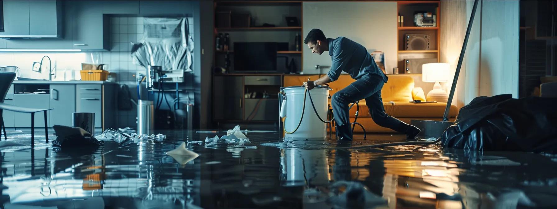 a professional water damage restoration technician meticulously operates industrial drying equipment in a modern home with visible water damage on the floors and walls, illuminated by soft indoor light, creating a reassuring atmosphere of recovery and expertise.