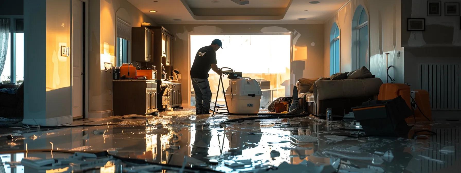 a professional water damage restoration technician operates advanced industrial drying equipment in a modern home with visibly damaged floors and walls, illuminated by soft light streaming through a window, creating a reassuring atmosphere of recovery and expertise.