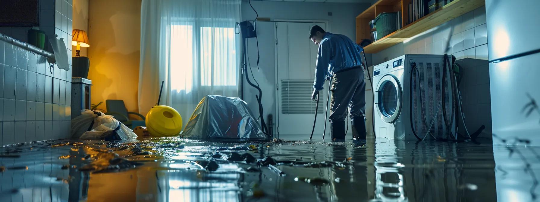 a professional water damage restoration technician operates advanced industrial drying equipment in a modern, flooded home, showcasing visible signs of water damage on the floors and walls, all under soft, natural lighting filtering in from a nearby window for a reassuring atmosphere.