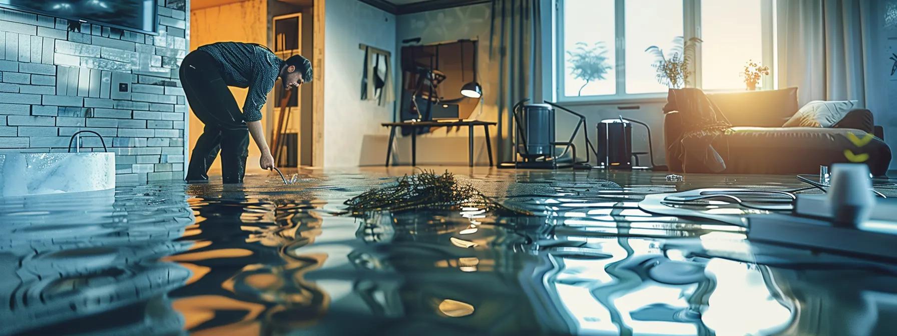 a professional water damage restoration technician operates industrial drying equipment in a modern, flooded home, showcasing visible signs of water damage on the walls and floors, with soft lighting streaming through a nearby window to create a reassuring atmosphere.