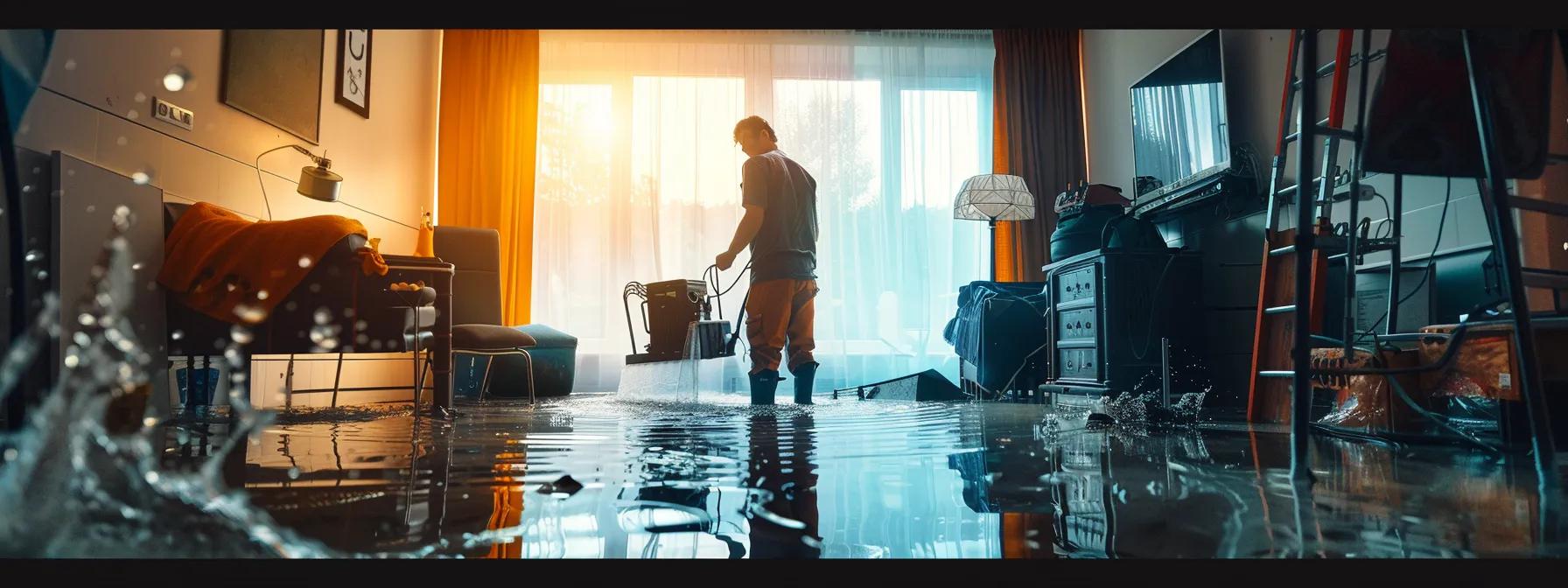 a professional water damage restoration technician operates industrial drying equipment in a modern, water-damaged home, with visibly soaked floors and walls bathed in soft, diffuse light from a nearby window, creating a reassuring atmosphere of recovery and expertise.