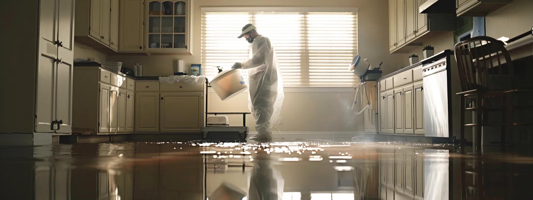 a professional water damage restoration technician methodically operates industrial drying equipment in a modern, flooded home, showcasing signs of water damage on the floors and walls against a backdrop of soft, ambient light filtering through a window, creating a reassuring and focused atmosphere.