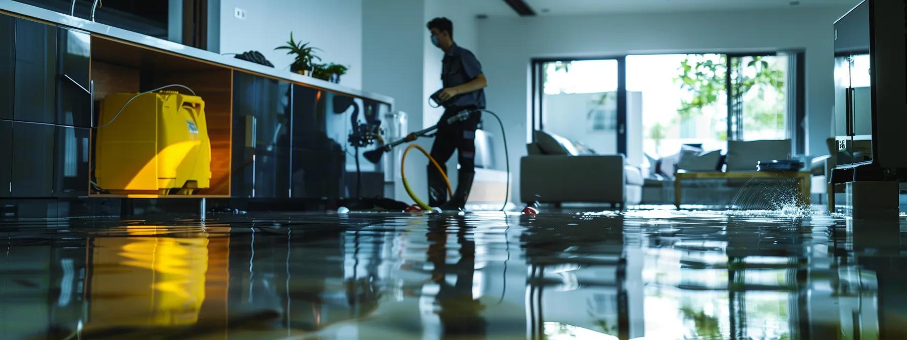 a professional water damage restoration technician operates industrial drying equipment in a contemporary flooded home, showcasing visible signs of water damage on the sleek, modern floors and walls, under soft ambient lighting for a reassuring atmosphere.