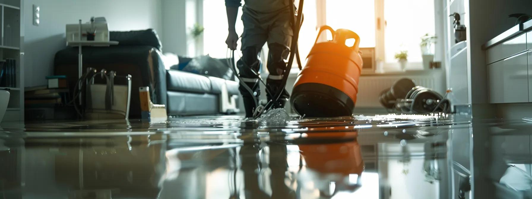 a professional water damage restoration technician is actively operating industrial drying equipment in a modern, flooded home, surrounded by visible signs of water damage on the sleek floors and walls, illuminated by soft, diffused light streaming through a nearby window, evoking a reassuring atmosphere focused on restoration efforts.