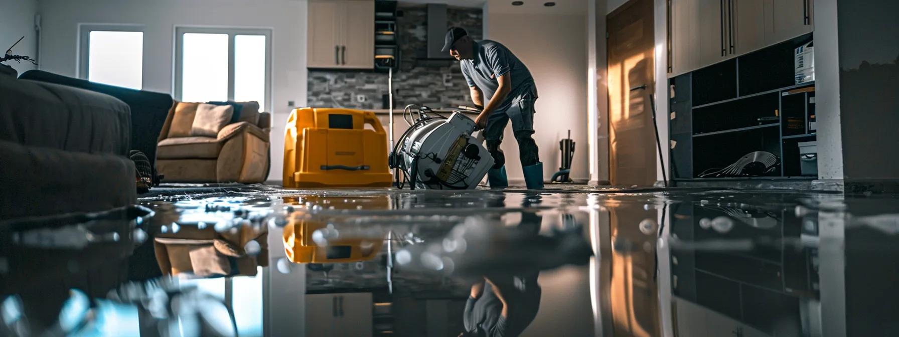 a professional water damage restoration technician operates industrial drying equipment in a modern, recently flooded home, showcasing visibly damaged floors and walls under soft, ambient lighting, creating a reassuring atmosphere of safety and care.