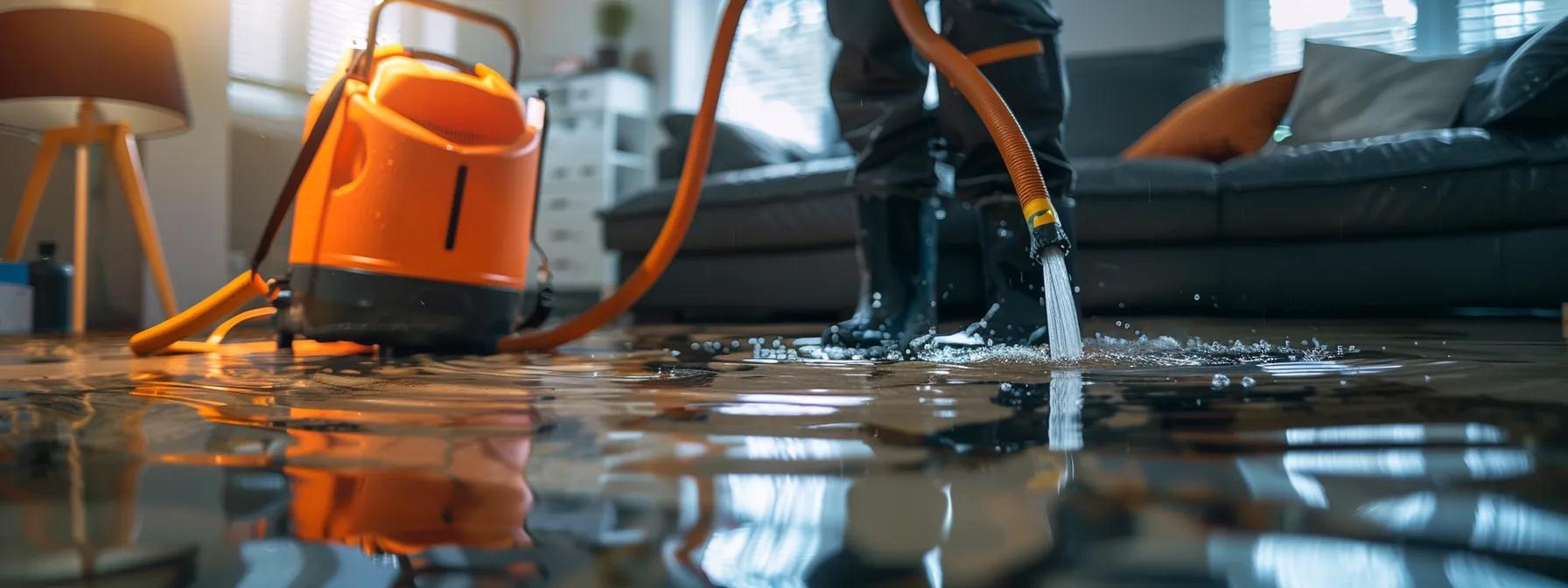 a professional water damage restoration technician operates industrial drying equipment in a contemporary home, highlighting the visible effects of flooding on sleek, modern interiors, creating a sense of reassurance amid the ongoing restoration process.