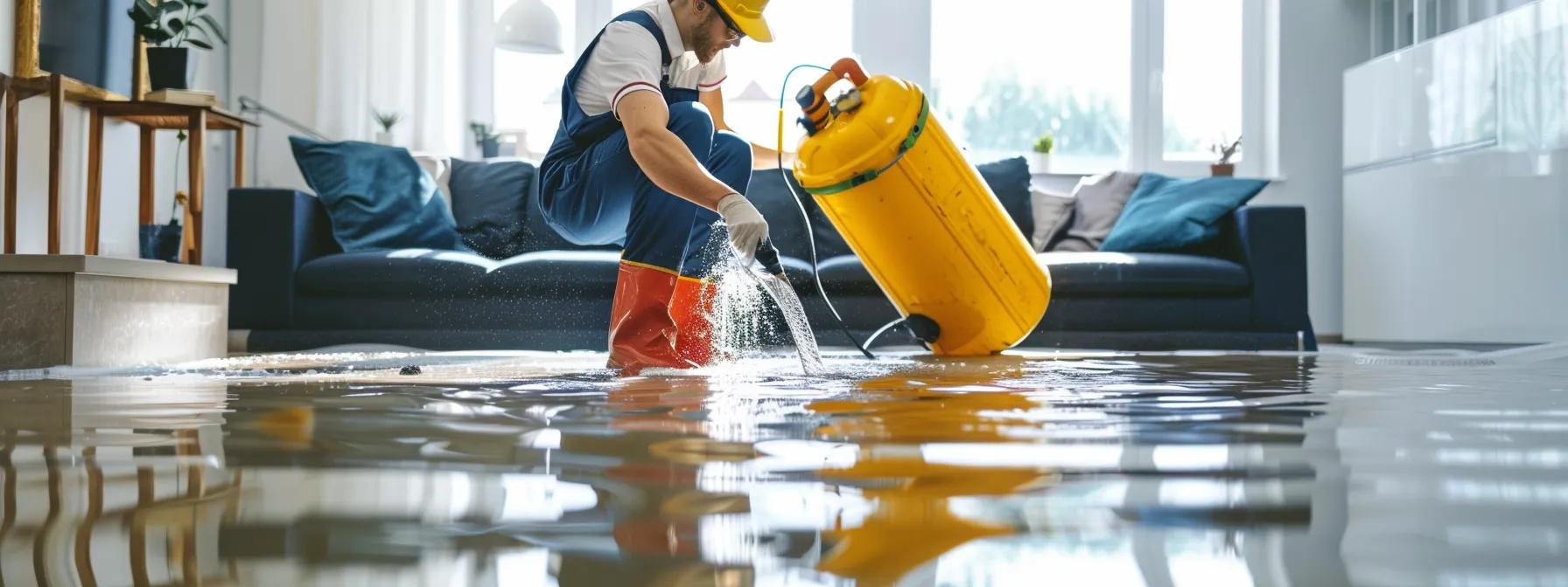 a professional water damage restoration technician operates industrial drying equipment in a modern home, with visible water damage on the floors and walls, captured in a high-resolution, clean composition that conveys a reassuring atmosphere.