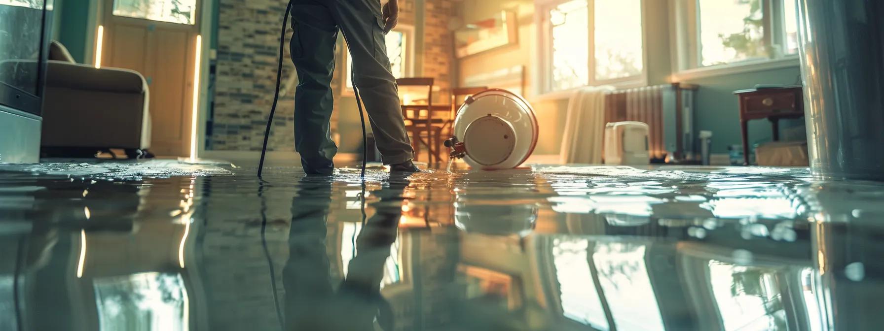 a professional water damage restoration technician operates industrial drying equipment in a modern home, showcasing visible water stains on the walls and floors, illuminated by soft natural light filtering through a window, conveying a sense of reassurance and urgency in the face of potential damage.