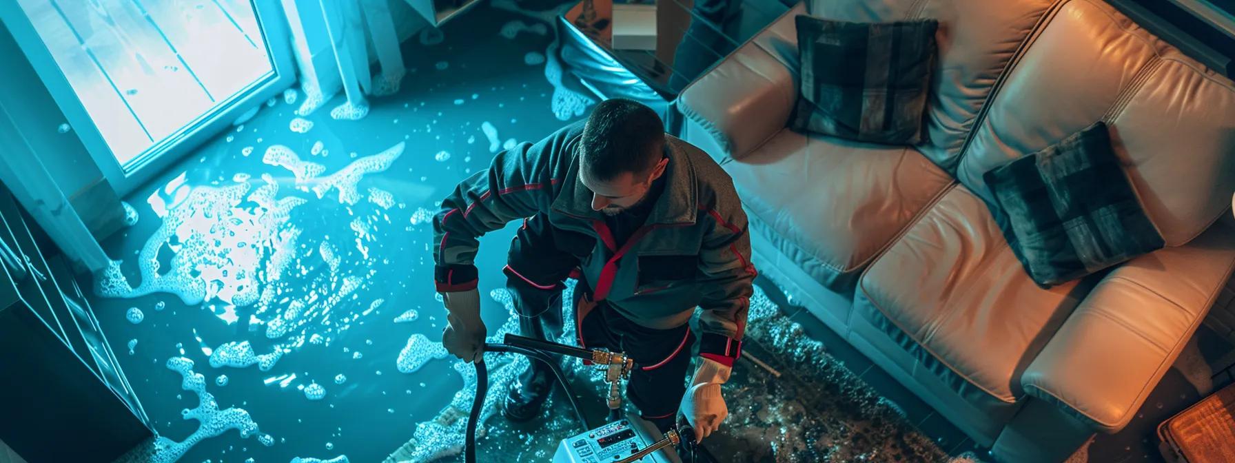 a professional water damage restoration technician meticulously inspects and operates industrial drying equipment in a modern home, showcasing clear signs of water damage on the walls and floors, all under soft, inviting lighting that enhances the reassuring atmosphere of the restoration process.