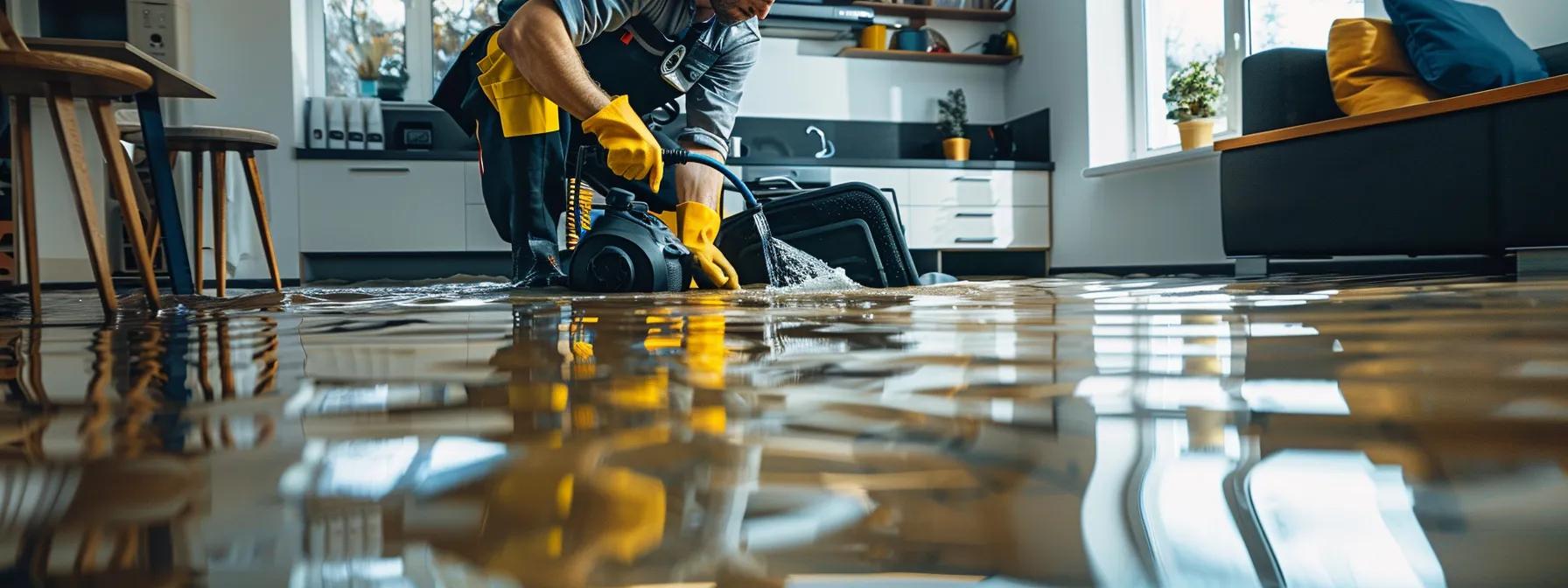 a professional water damage restoration technician operates industrial drying equipment in a modern, flooded home, showcasing visible signs of water damage on walls and floors, all captured in a clean, high-resolution composition that conveys a reassuring atmosphere.