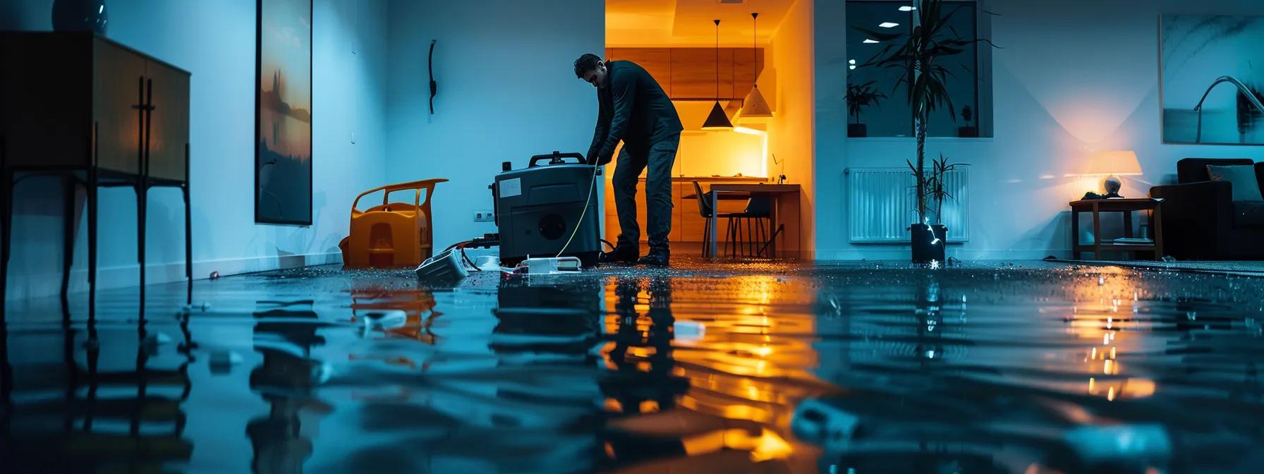 a professional water damage restoration technician operates powerful industrial drying equipment in a modern home, showcasing visible water damage on the floors and walls, with a clean composition illuminated by soft, ambient indoor lighting to evoke a sense of reassurance.