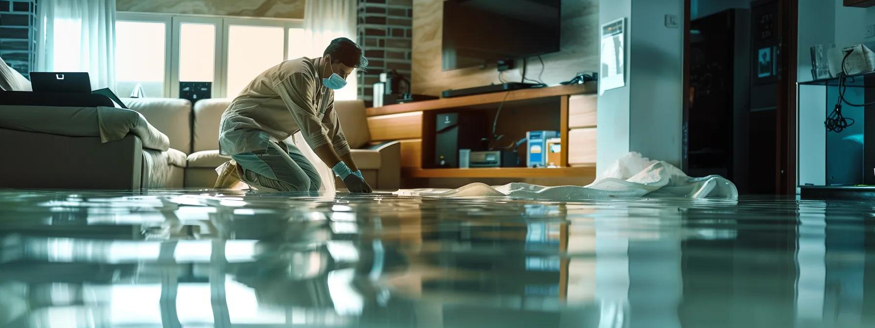 a professional water damage restoration technician operates industrial drying equipment in a modern, flooded home, showcasing visible signs of water damage on the floors and walls, all under soft, inviting light that enhances the reassuring atmosphere of the restoration process.