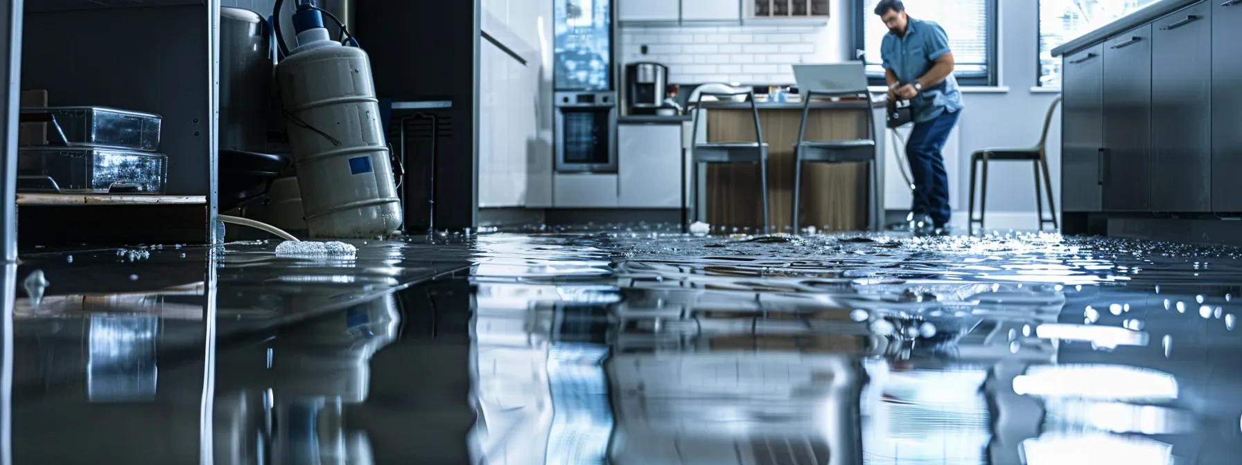a professional water damage restoration technician operates advanced industrial drying equipment in a modern kitchen, showcasing visible signs of water damage on the floors and walls, all bathed in soft natural light from a nearby window, creating a focused yet reassuring atmosphere.