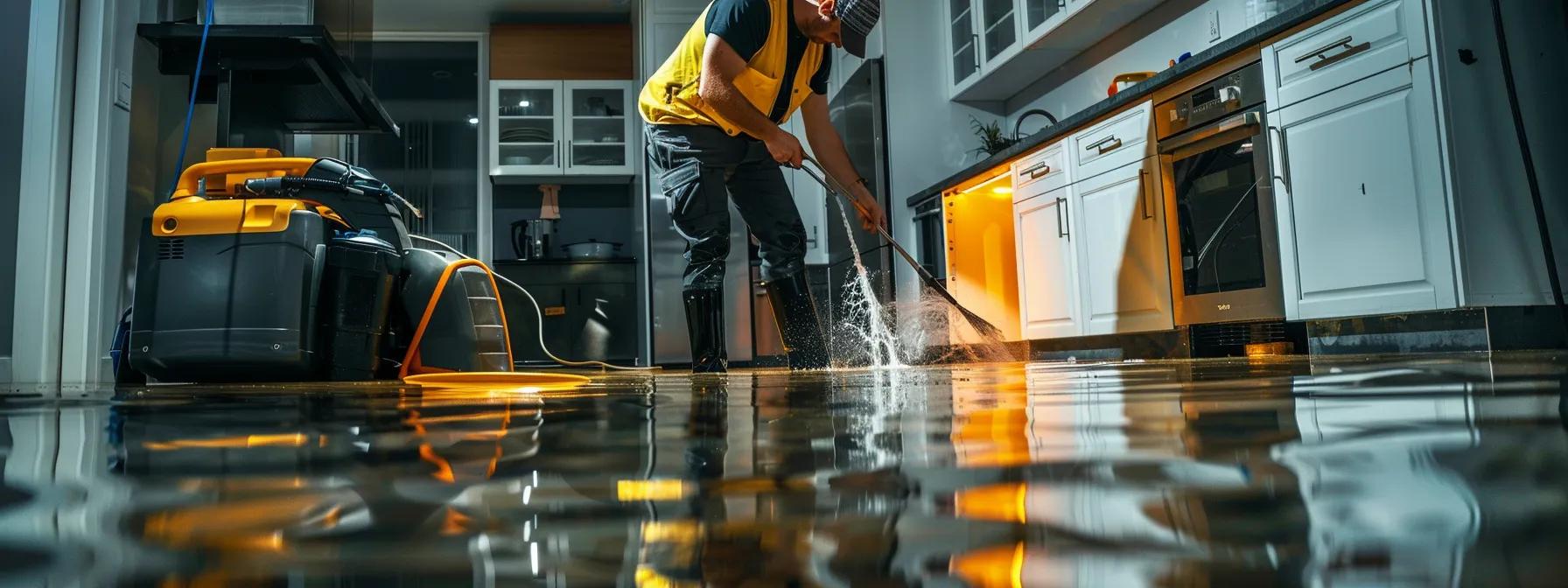 a professional water damage restoration technician operates powerful industrial drying equipment inside a modern, flooded home, where visible signs of water damage mar the walls and floors, creating a clean, high-resolution composition that conveys a reassuring atmosphere.