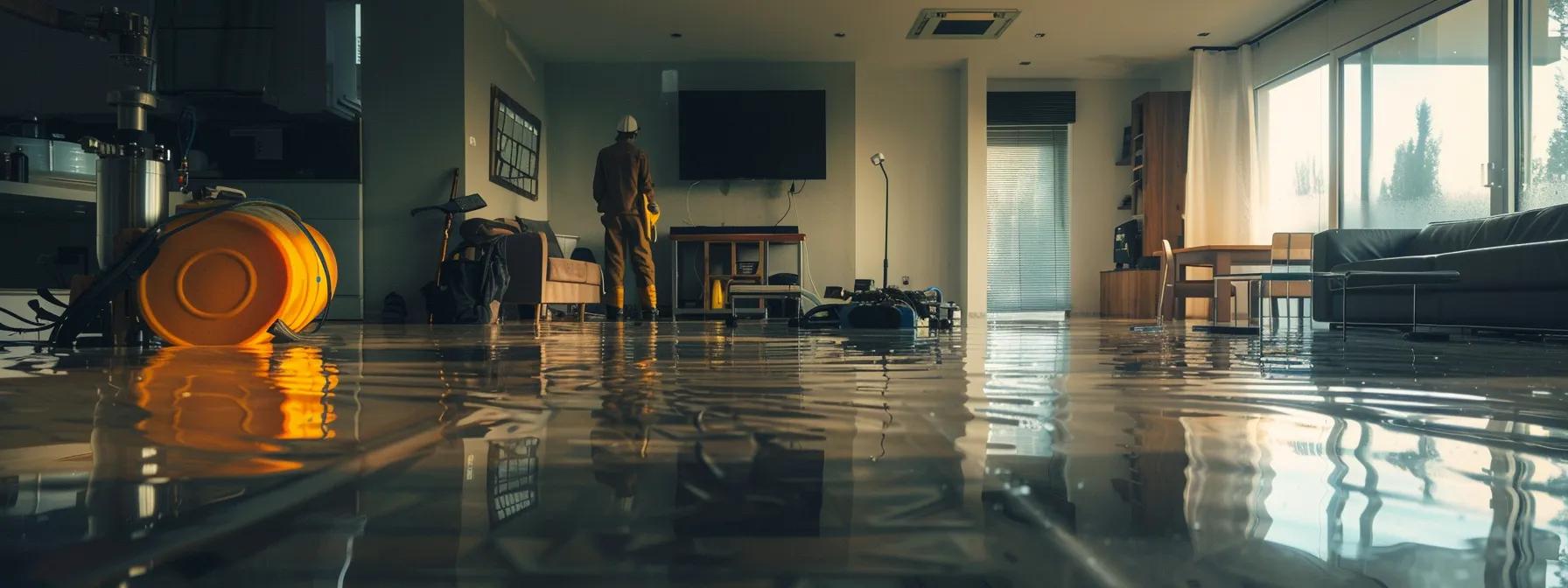 a professional water damage restoration technician actively operates advanced industrial drying equipment in a modern, flooded home, with visible signs of water damage on the walls and floors, all illuminated by soft natural light streaming through a window, creating a clean and reassuring atmosphere.