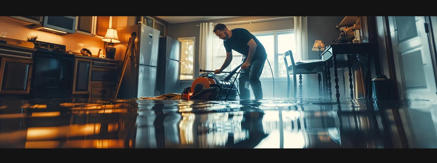 a professional water damage restoration technician expertly operates industrial drying equipment in a modern, flooded home, showcasing visible signs of damage on the floors and walls, all illuminated by soft, ambient light from a nearby window, capturing a sense of urgency and professionalism in the restoration process.