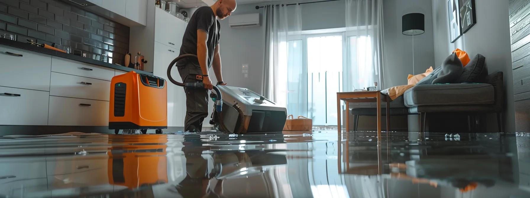 a professional water damage restoration technician operates industrial drying equipment in a modern home, showcasing visible water damage on walls and floors, with soft lighting filtering through a nearby window to create a reassuring atmosphere.