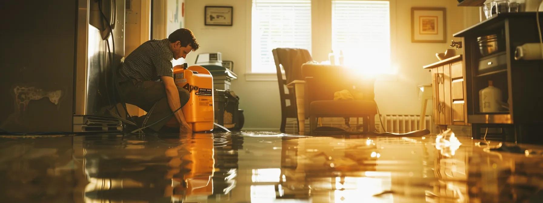 a professional water damage restoration technician operates industrial drying equipment in a contemporary flooded home, showcasing visibly damaged walls and floors while a soft glow from a nearby window enhances the clean, reassuring atmosphere.