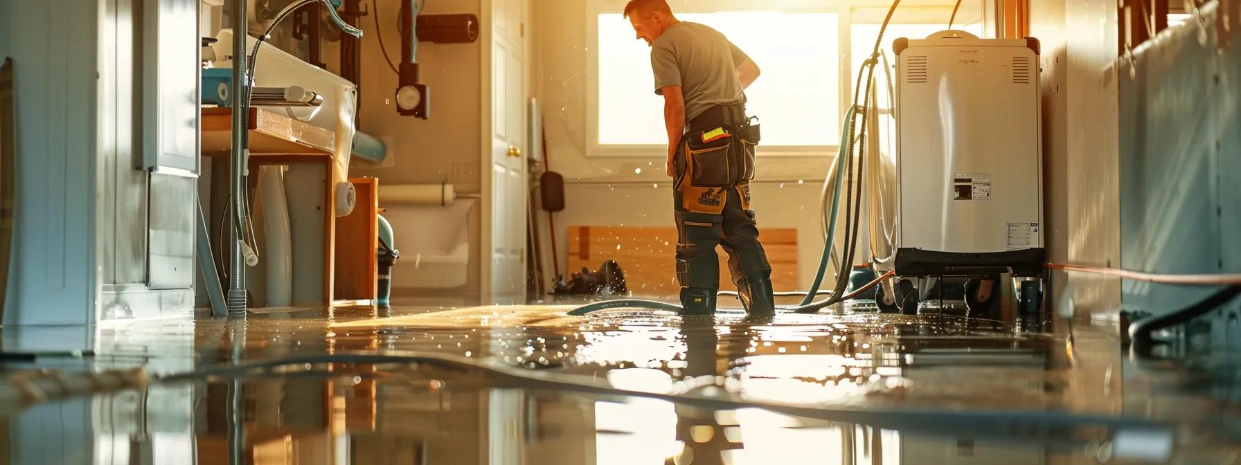 a professional water damage restoration technician meticulously operates industrial drying equipment inside a modern flooded home, showcasing visible signs of water damage on the walls and floors, illuminated by soft natural light filtering through a nearby window.