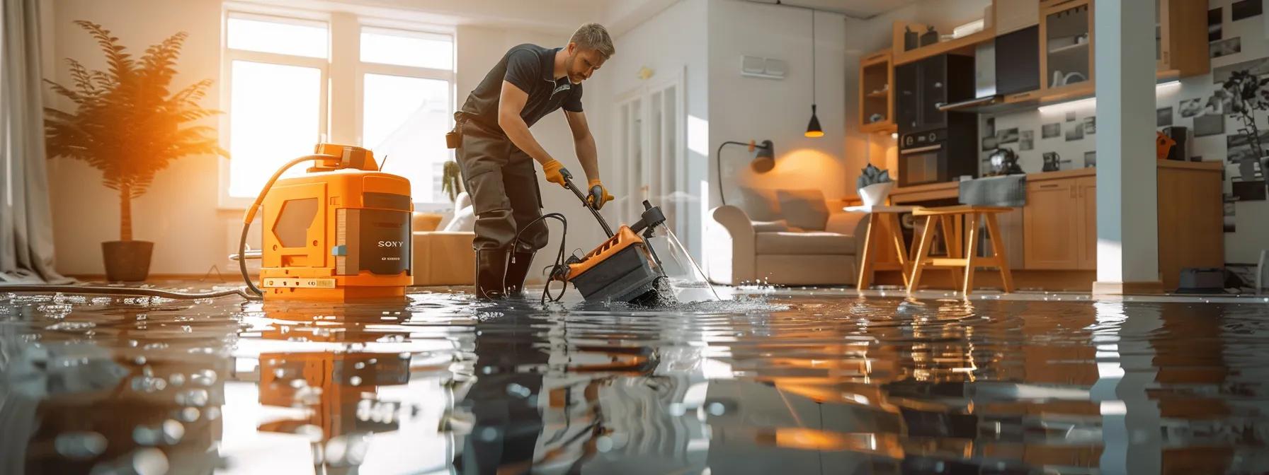a professional water damage restoration technician operates advanced industrial drying equipment inside a modern, flooded home, showcasing visible signs of water damage on the floors and walls, all captured in a high-resolution, clean composition that conveys a sense of assurance and expertise.