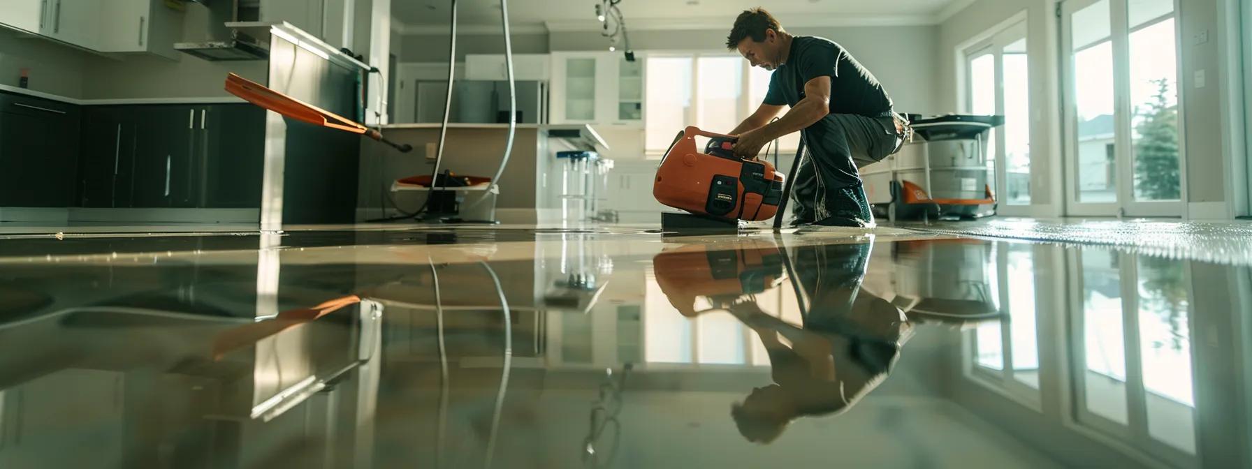 a water damage restoration technician meticulously operates advanced industrial drying equipment in a contemporary, flooded home, showcasing evident water stains on the walls and floors in a well-lit, reassuring indoor environment.