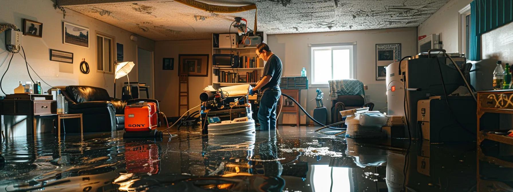 a water damage restoration technician operates advanced industrial drying equipment in a modern, flooded home, showcasing visible signs of water damage on walls and floors, illuminated by soft natural light filtering through a nearby window, creating a reassuring and professional atmosphere.