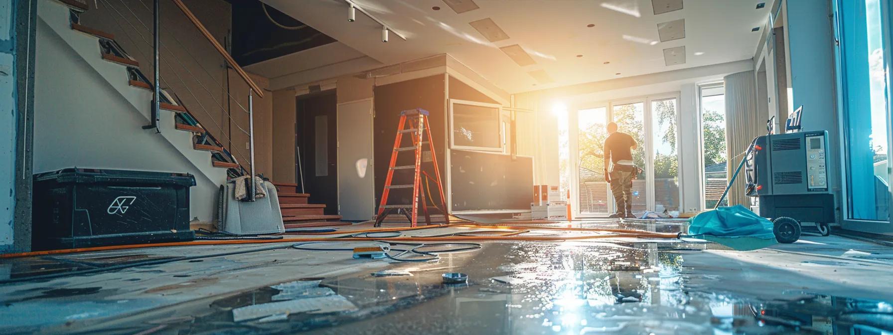 a water damage restoration technician operates industrial drying equipment in a modern home, where visible signs of water damage blemish the walls and floors, captured in a high-resolution, clean composition that conveys a reassuring atmosphere.