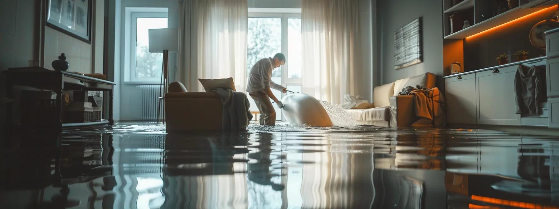 a water damage restoration technician expertly operates industrial drying equipment in a modern, flooded home, showcasing visible water damage on the floors and walls, with soft natural light filtering through a nearby window to create a reassuring atmosphere.
