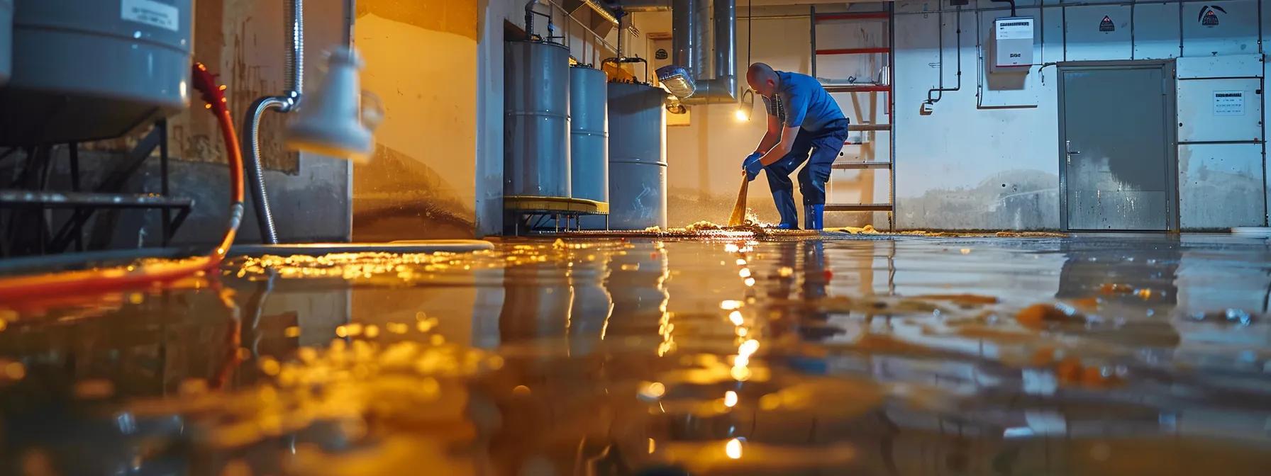 a water damage restoration technician methodically operates industrial drying equipment in a modern, flooded basement, revealing evident water damage on the walls and floor, illuminated by soft indoor lighting that enhances the sense of professionalism and reassurance in the scene.