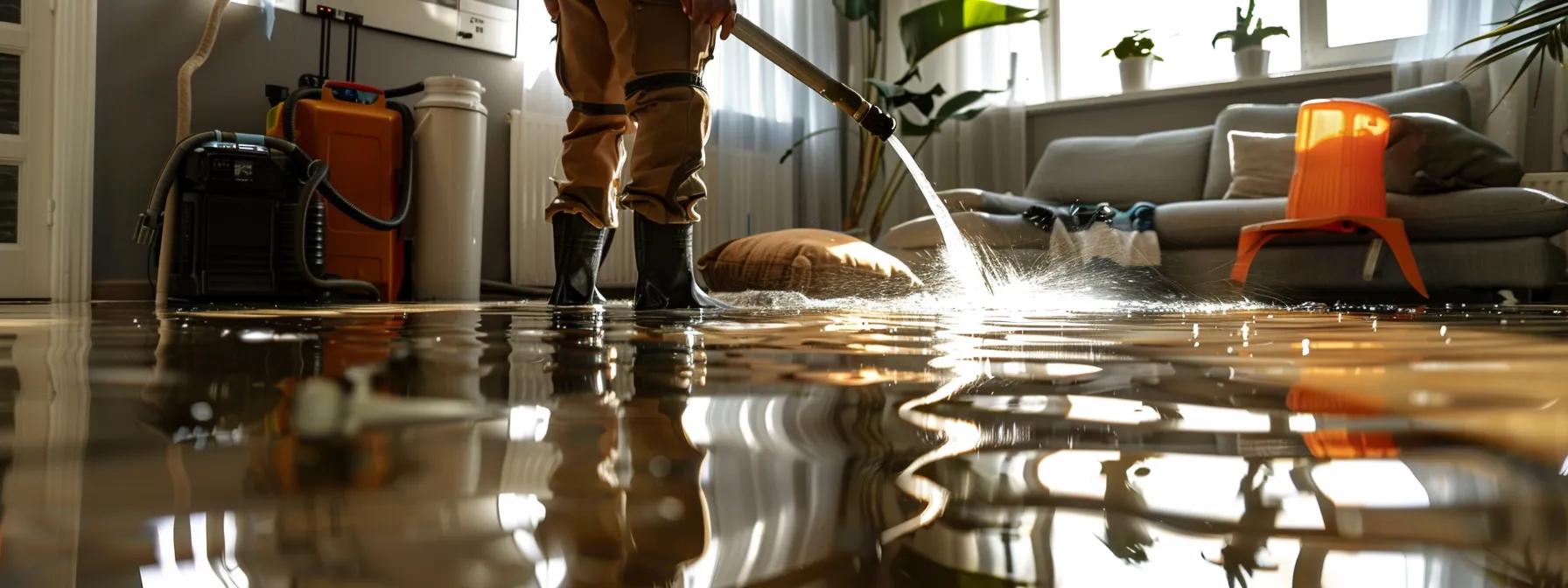 a water damage restoration technician operates powerful industrial drying equipment in a flooded, modern home, showcasing evident water stains on the walls and flooring, while soft natural light filters in through a window, creating a reassuring atmosphere of effective remediation efforts.