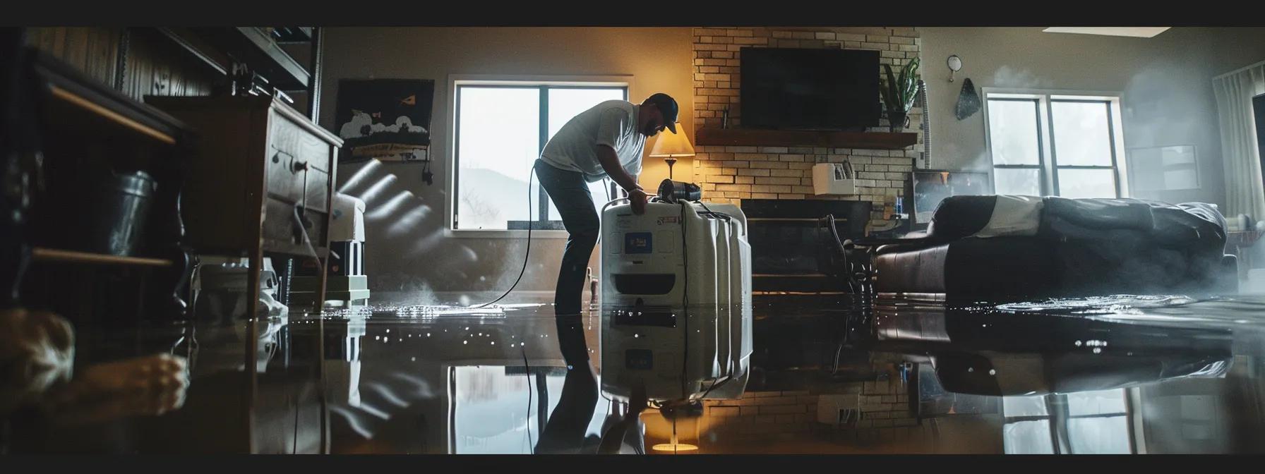 a water damage restoration technician meticulously operates industrial drying equipment in a modern, flooded home, surrounded by visible signs of water damage on walls and floors, creating a clear representation of the urgent need for mold prevention.