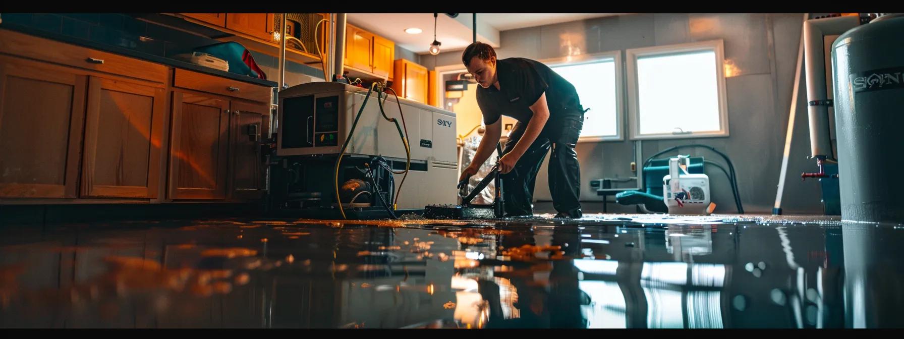 a water damage restoration technician operates industrial drying equipment in a contemporary home with visible signs of water damage on the walls and floors, illuminated by soft, ambient light streaming through a window, creating a professional yet reassuring atmosphere.