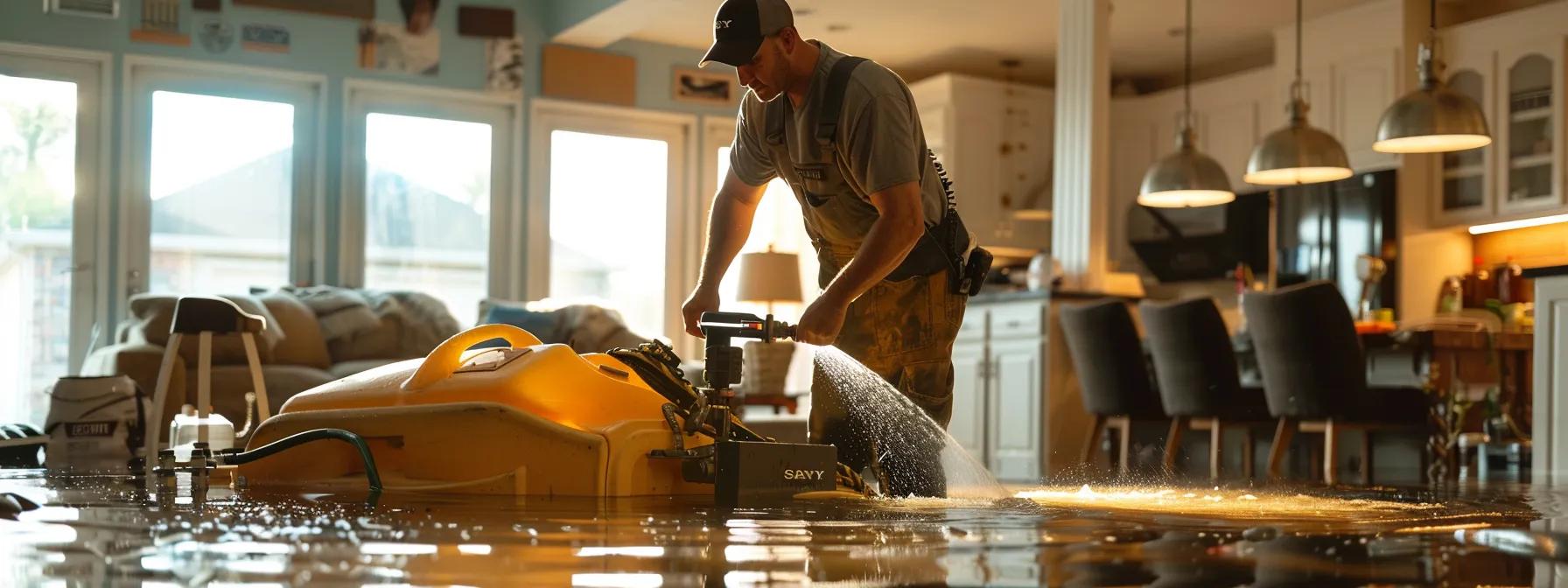 a water damage restoration technician skillfully operates industrial drying equipment inside a modern, flooded home, with visibly water-damaged floors and walls illuminated by soft window light, conveying a sense of professionalism and urgency in addressing the crisis.