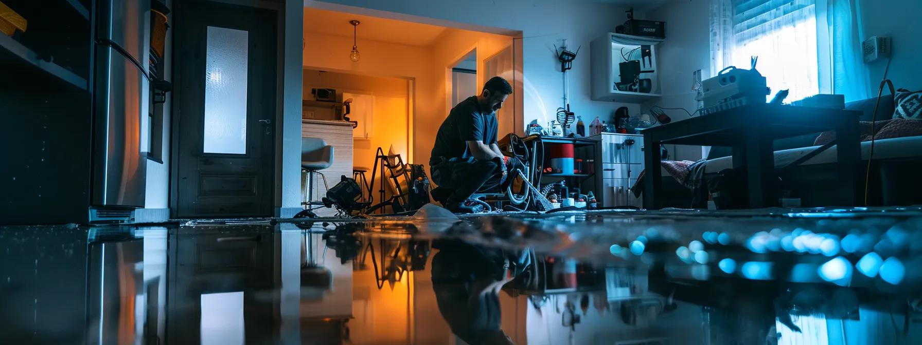 a water damage restoration technician meticulously operates industrial drying equipment in a modern, flooded home, with visible water damage on the walls and floors, illuminated by soft ambient light filtering through a window, creating a focused yet reassuring atmosphere.